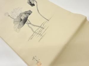 作家物　塩瀬手描き蓮模様開き名古屋帯（額縁仕立て）